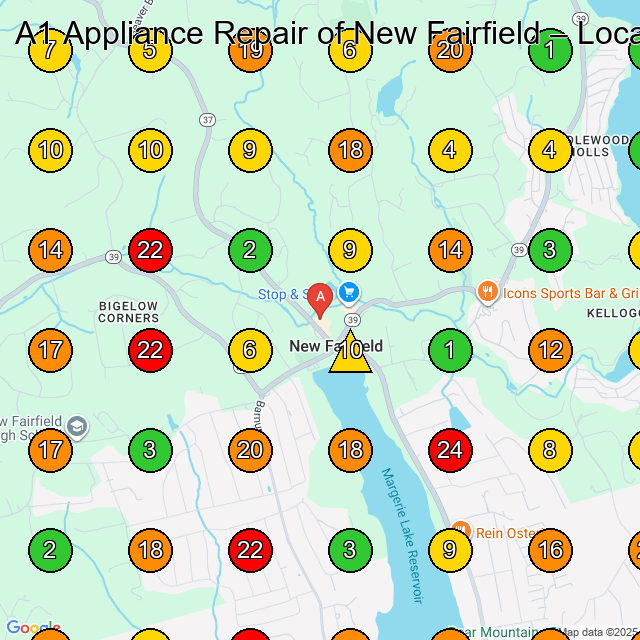 A1 Appliance Repair of New Fairfield Appliance Repair Service GeoGrid ranking map for New Fairfield CT